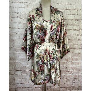 Vintage Val Mode Satin Floral Short Nightgown & Robe Lingerie Set Size Small